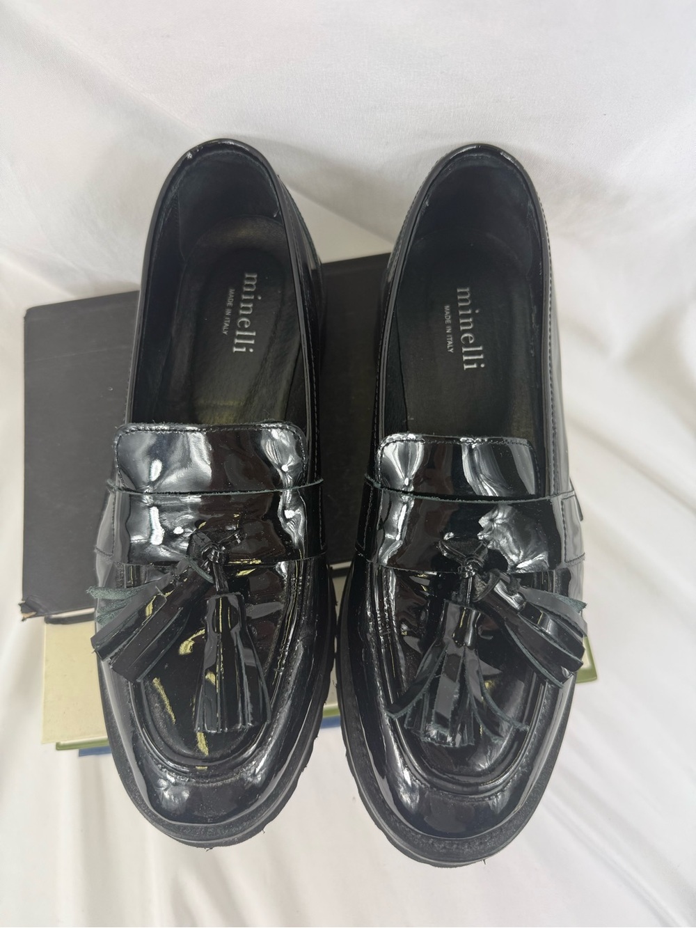 Minelli Black Patent Leather Tassel Loafers Made in Italy sz 37 US 6.5-7 - Picture 3 of 10